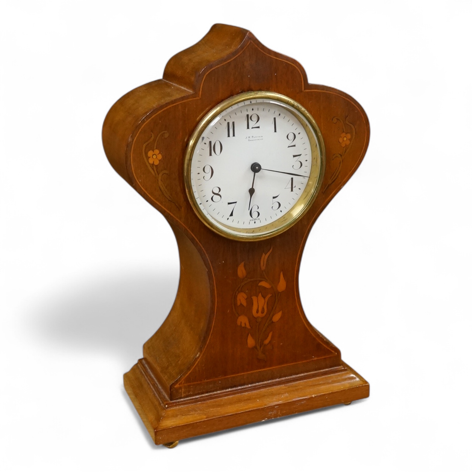 An Art Nouveau inlaid mantel timepiece, the dial inscribed J. H. Potter, Sheffield, 27cm high